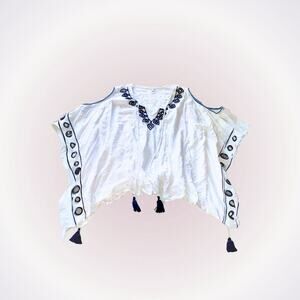 Accuracy White Kaftan Cover Up with Navy Embroidery | Sz M